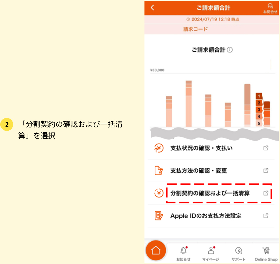 2「分割契約の確認および一括清算」を選択