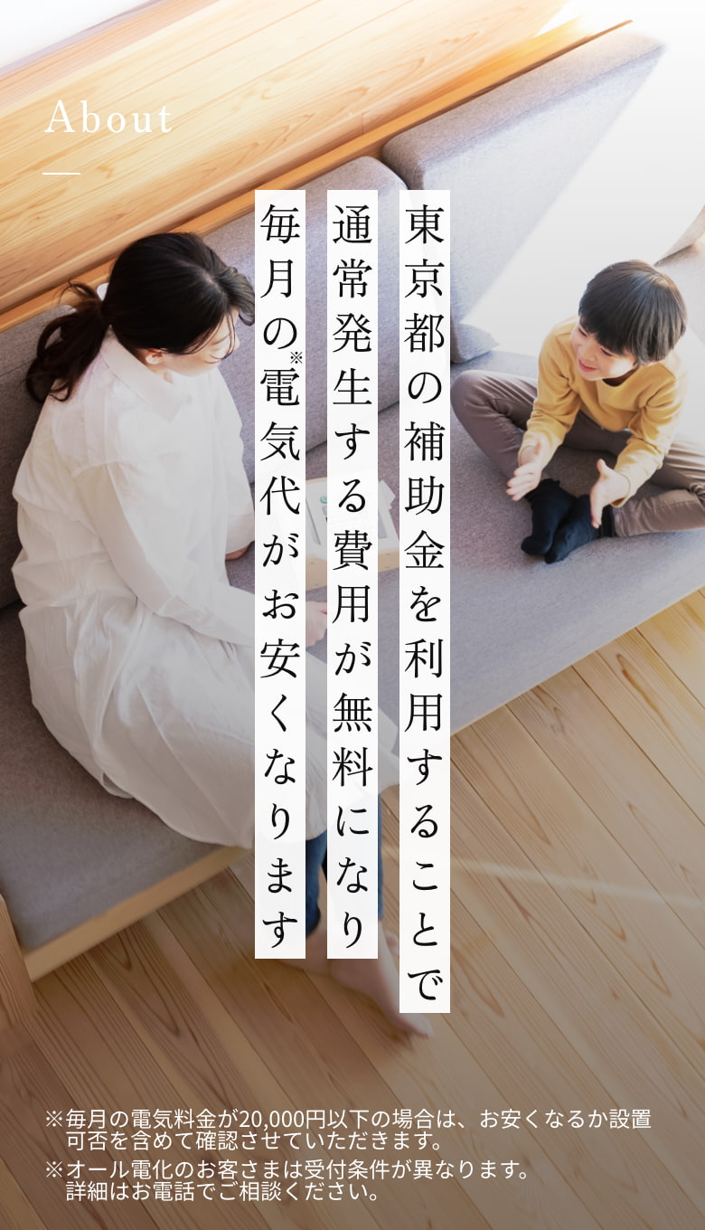 東京都の補助金を利用すること通常発生する費用が無料になり毎月の電気代もお安くなります